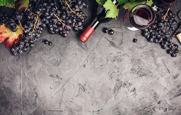 Картинка листья, фон, вино, бокал, бутылка, урожай, Виноград