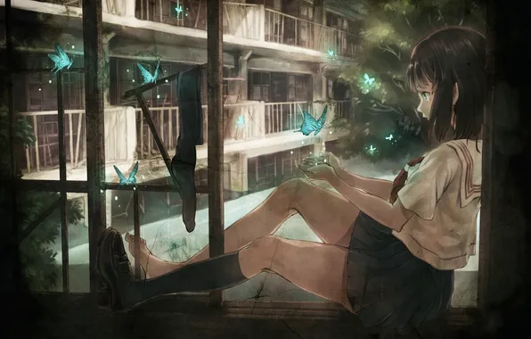 Картинка девушка, бабочки, дом, дерево, окно, арт, носки, школьница