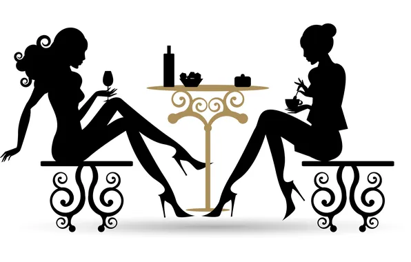 Девушки, вино, силуэт, стул, туфли, каблуки, пирожное, столик