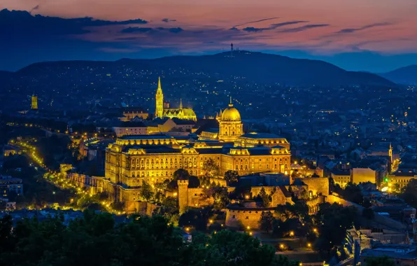 Ночь, огни, панорама, Венгрия, Будапешт