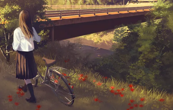 Картинка девушка, мост, природа