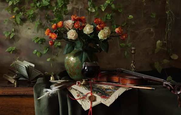Картинка цветы, стиль, перо, скрипка, розы, букет, книга, ваза