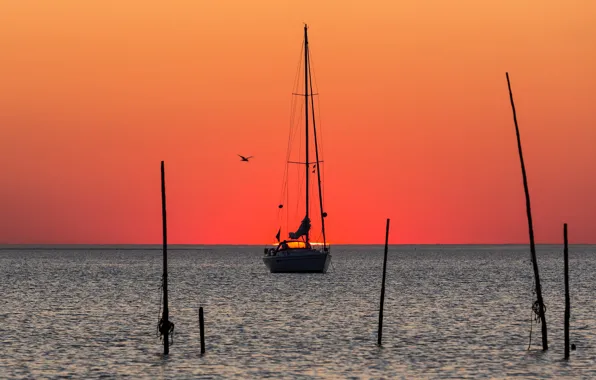 Море, закат, яхта, зарево