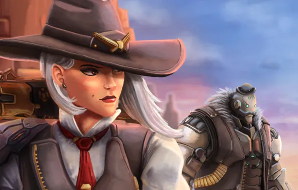 Девушка, робот, шляпа, арт, ashe, Bob, overwatch, Elizabeth Caledonia