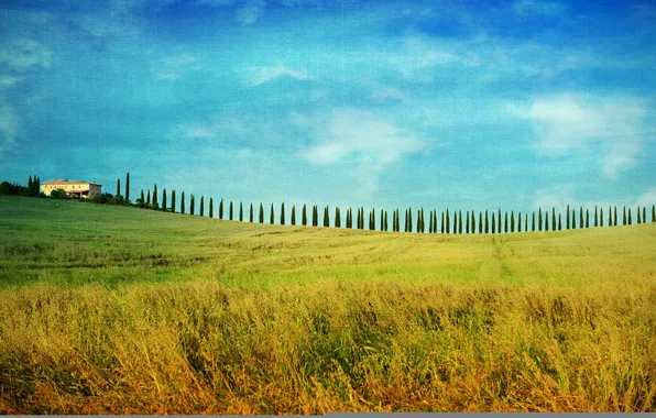 Картинка поле, небо, облака, деревья, дом, Италия, ферма, Тоскана