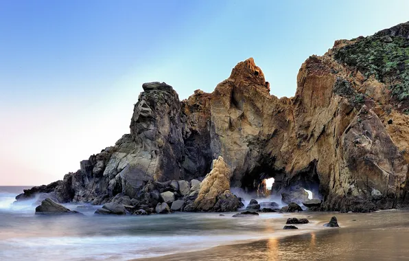 Песок, пляж, океан, скалы, California, грот, Big Sur, Pfeiffer Beach