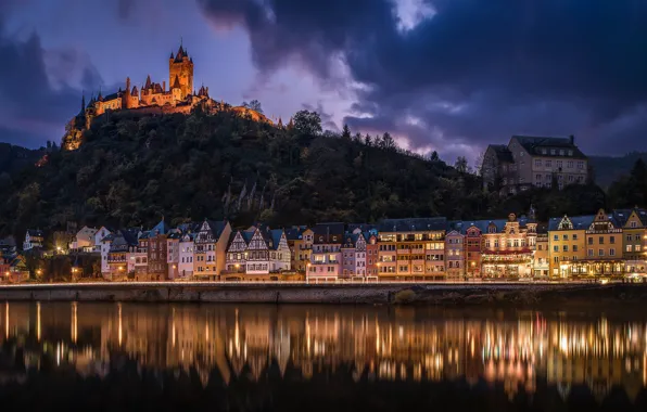 Картинка ночь, река, замок, здания, дома, Германия, холм, Germany