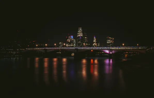 Ночь, мост, город, lights, огни, отражение, небоскребы, фонари