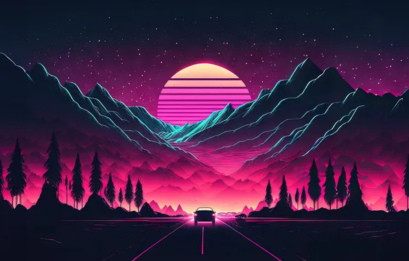 Sunset, Neon, Mountains, Highway, Retrowave, Synthwave, Outrun, AI art