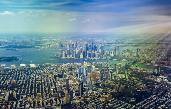 Дома, Нью-Йорк, небоскребы, панорама, мегаполис, вид сверху