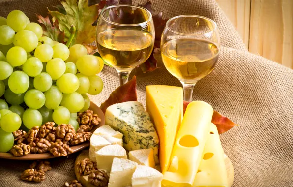 Картинка лист, вино, сыр, бокалы, виноград, орехи, wine, nuts