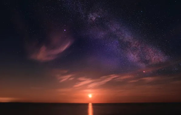 Небо, солнце, звезды, закат, Млечный Путь, sunset, stars, Milky Way