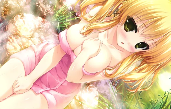 Girl, sexy, cleavage, long hair, nature, boobs, anime, water