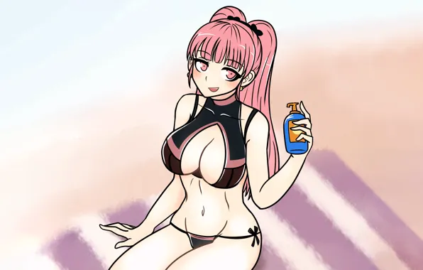 Girl, sexy, cleavage, pink hair, long hair, boobs, anime, beautiful