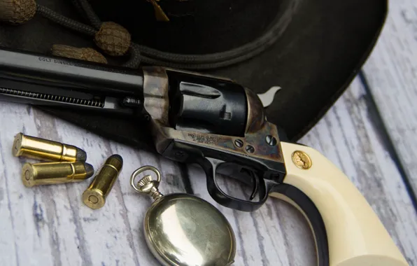 Картинка оружие, часы, шляпа, патроны, револьвер, Colt, Action Army