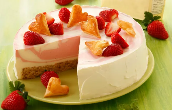 Картинка ягоды, сердце, еда, клубника, торт, пирожное, cake, крем