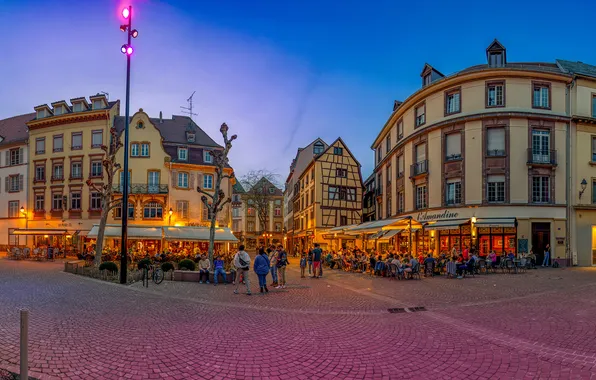 Франция, здания, вечер, площадь, панорама, кафе, France