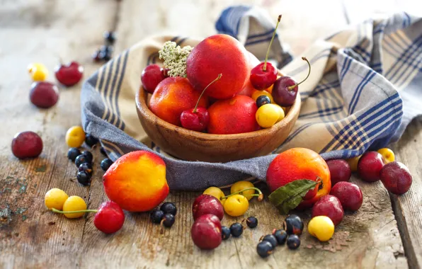 Картинка лето, ягоды, тарелка, фрукты, натюрморт, персики, смородина, черешня