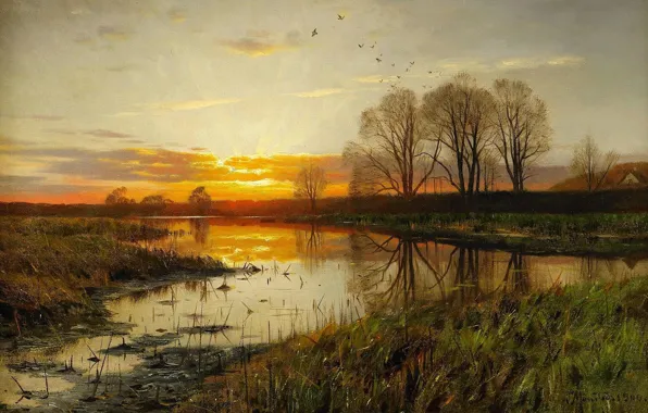 Картинка пейзаж, природа, картина, Петер Мёрк Мёнстед, Peder Mørk Mønsted, Закат над Водой