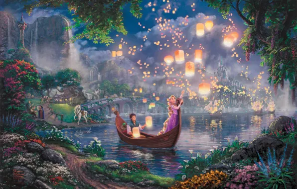 Картинка цветы, ночь, мост, огни, озеро, замок, лодка, сказка