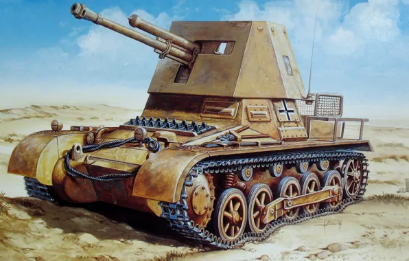 Рисунок, установка, Вторая мировая война, самоходная, артиллерийская, (САУ), базе, противотанковая