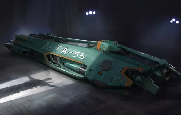 Фантастика, рисунок, тень, арт, ангар, art, spaceship, космический корабль
