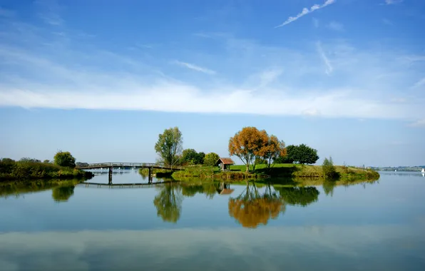 Картинка небо, вода, деревья, озеро, река, фото, обои, пейзажи