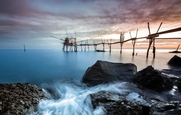 Море, пейзаж, закат, мост