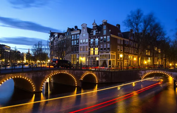 Картинка небо, мост, огни, Амстердам, канал, Нидерланды, Йордан