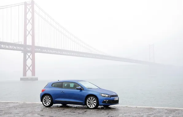 Картинка Мост, Туман, Синий, Германия, Volkswagen, Машина, Набережная, Дождь