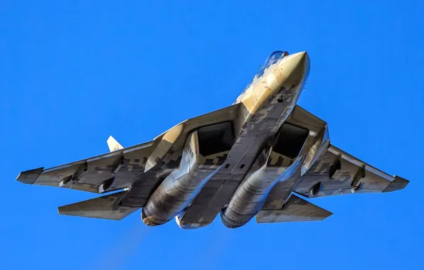Картинка летит, синее небо, Су-57, боевой самолёт
