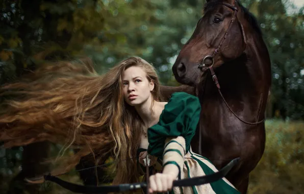 Картинка девушка, оружие, конь, лошадь, лук