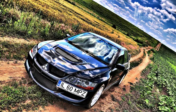 HDR, Поле, Дорога, Синий, Спорт, День, Mitsubishi, Lancer