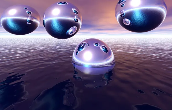 Море, небо, вода, отражения, полет, рендеринг, НЛО, объекты