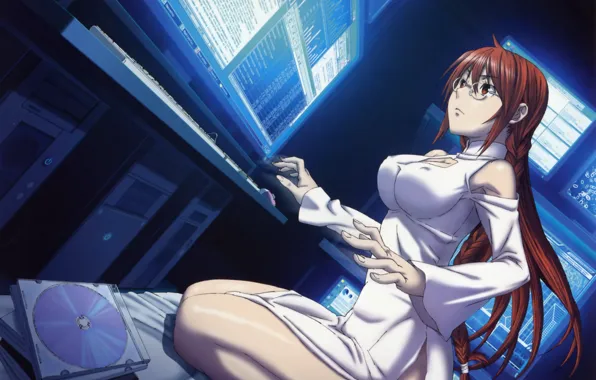 Компьютер, девушка, очки, рыжая, Sekirei