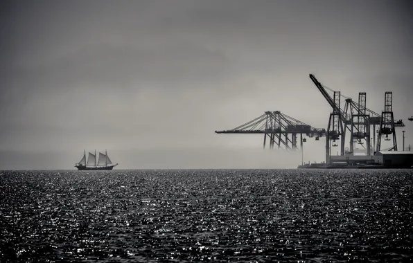 Ocean, ship, harbor, cranes