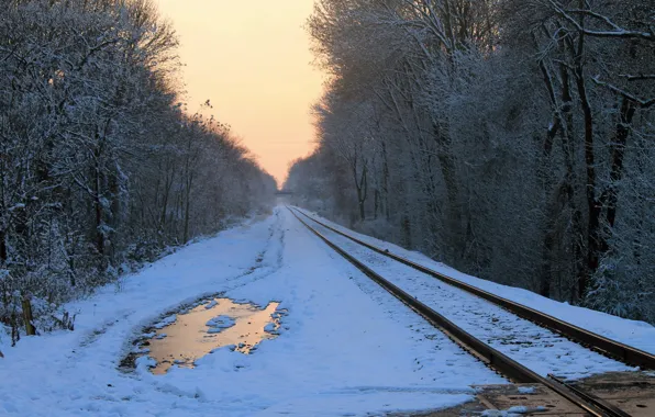 Картинка снег, пейзаж, утро, железная дорога