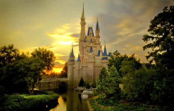 Картинка небо, деревья, пруд, Замок, Cinderella Castle