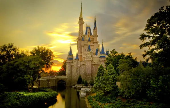 Небо, деревья, пруд, Замок, Cinderella Castle