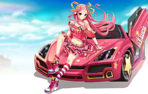 Картинка car, girl, anime, skirt, knee socks