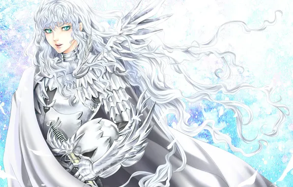 Картинка меч, арт, шлем, парень, белые волосы, доспех, berserk, griffith