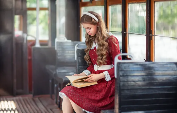Взгляд, девушка, фото, волосы, платье, книга, трамвай, Бармина Анастасия