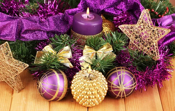 Картинка зима, украшения, шары, новый год, свечи, мишура, Christmas, New Year
