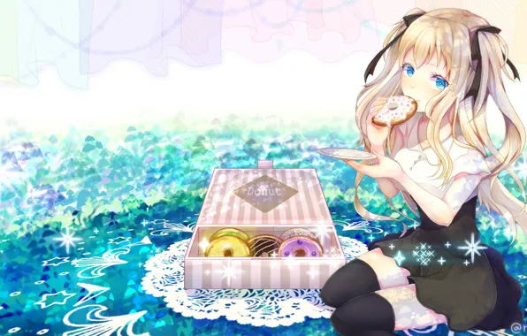 Коробка, пончики, голубые глаза, vocaloid, сидит, art, салфетка, Seeu