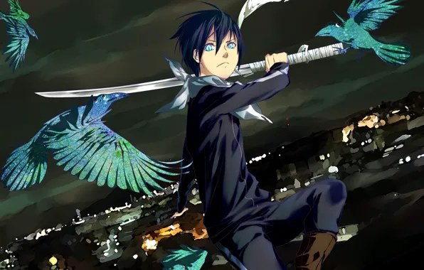 Птицы, ночь, меч, парень, Noragami, Ято