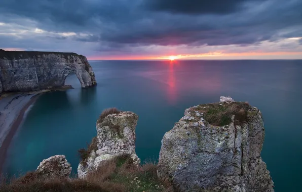 Море, пейзаж, закат, природа, скалы, побережье, Франция, арка