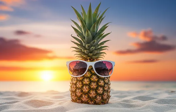 Пляж, закат, обои, арт, очки, wallpaper, ананас, beach