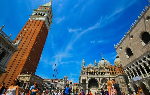 Картинка кампанила, Венеция, люди, пьяцетта, дворец дожей, Италия, собор Святого Марка