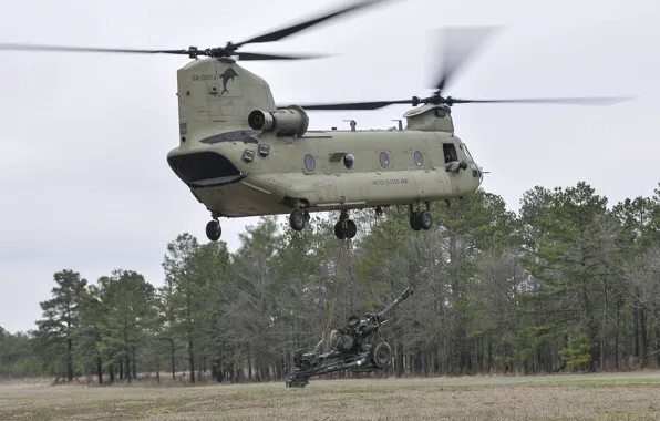 Вертолёт, транспортный, гаубица, военно, доставка, CH-47F, Chinook, M119A3