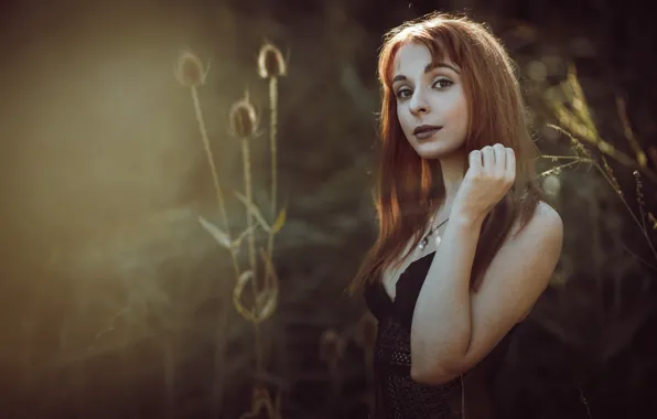 Взгляд, девушка, природа, фон, портрет, шатенка, интересная внешность